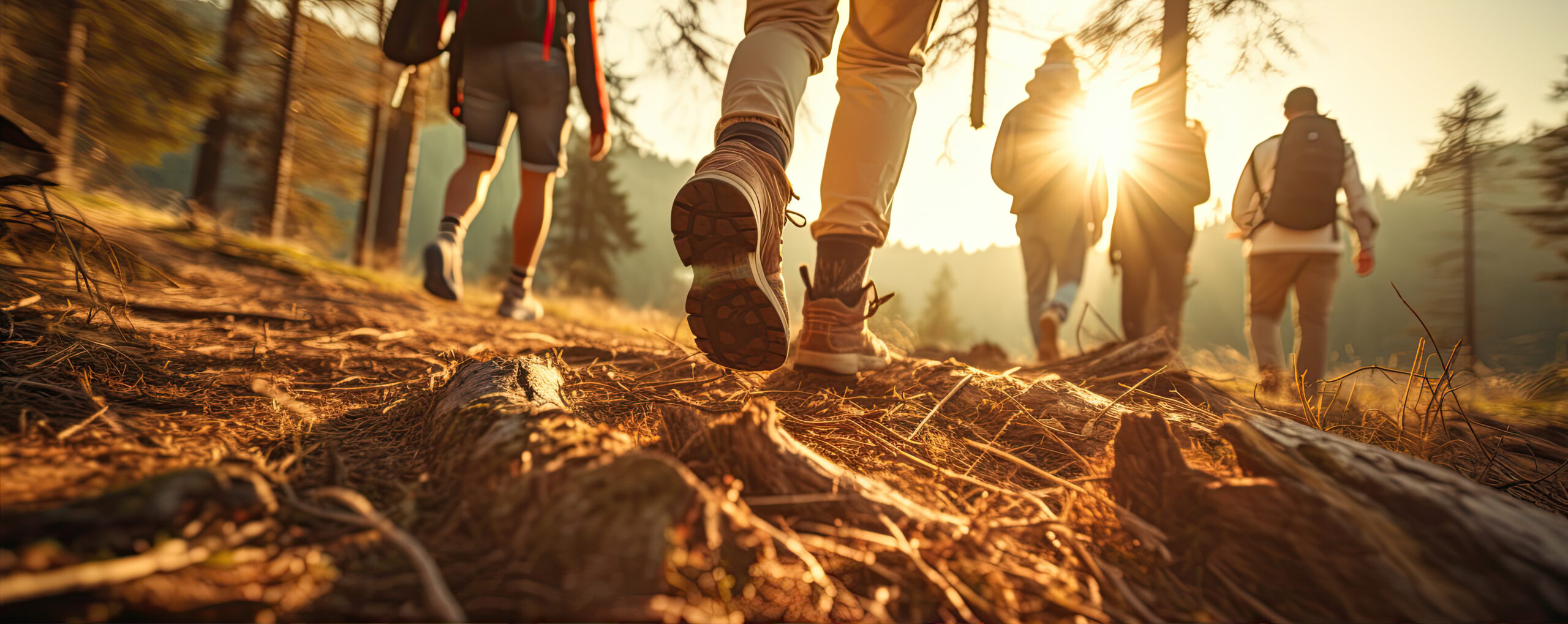hikers walking in fores in sunset light. detail on hiker shoe rear view. copy space for text.